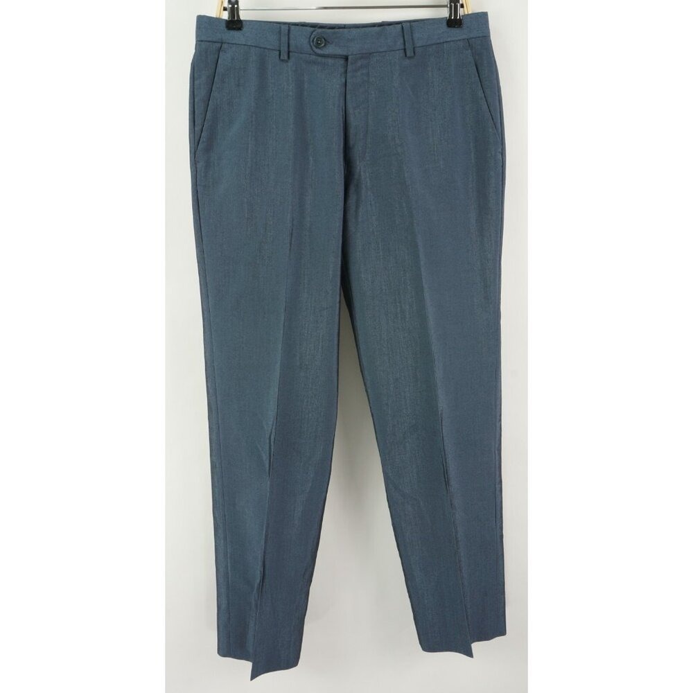 John Varvatos Mens 33 x 30 High-Sheen Blue Woven Stretch Flat Front Trouser Pant